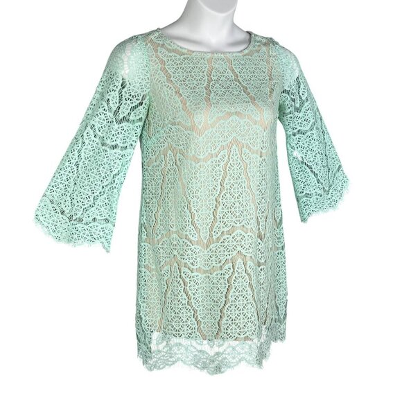 Maia Women 4 Kelly Green Dress Lace Overlay 3/4 Sleeve Nude Lining Scalloped Hem - Picture 3 of 16